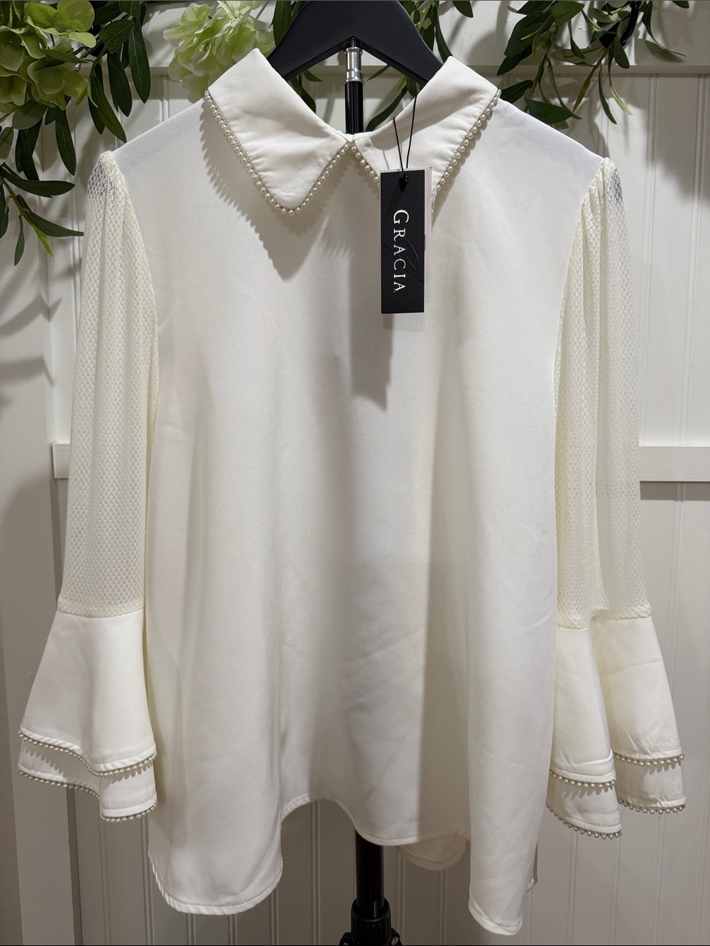 NWT! #1001 GRACIA White Pearl-Trim Mesh Bell Sleeve Blouse BEAUTIFUL